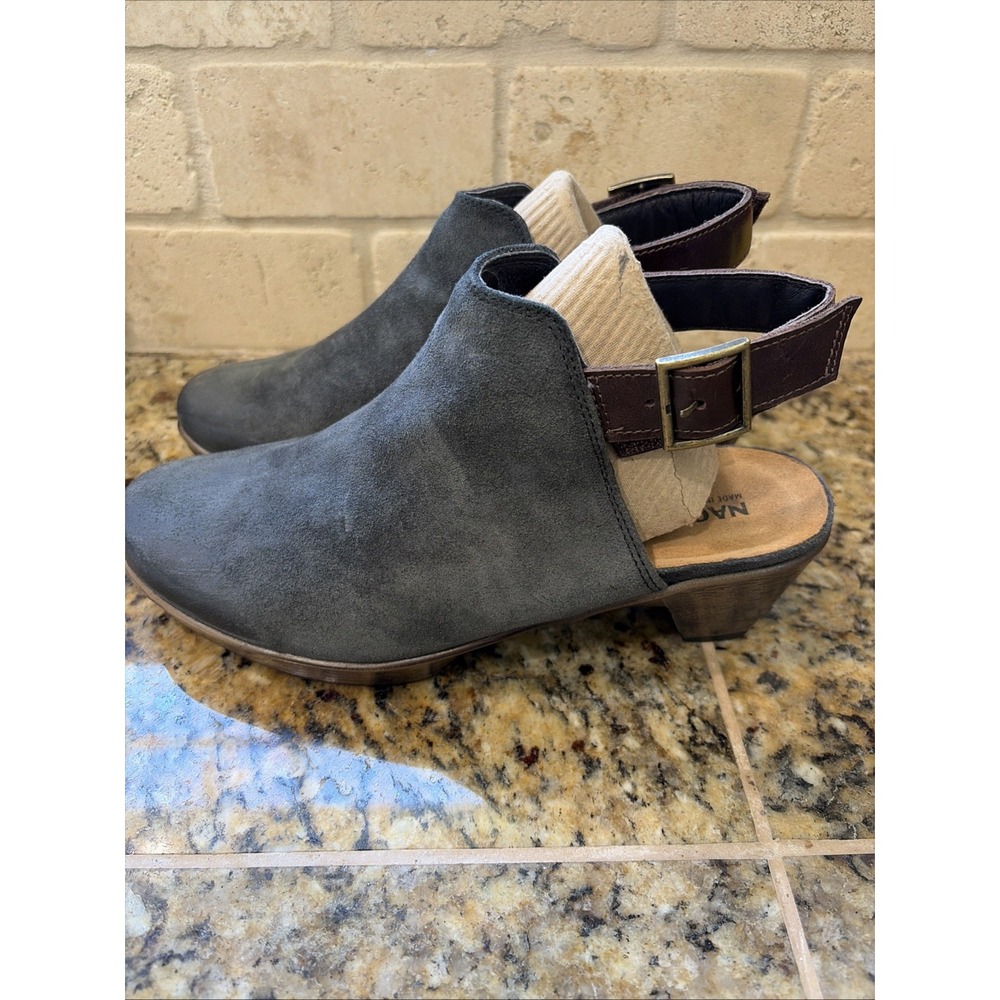NAOT Upgrade Dark Gray/Brown Leather Suede Heeled Slingback Shoes Women 39 US 8
